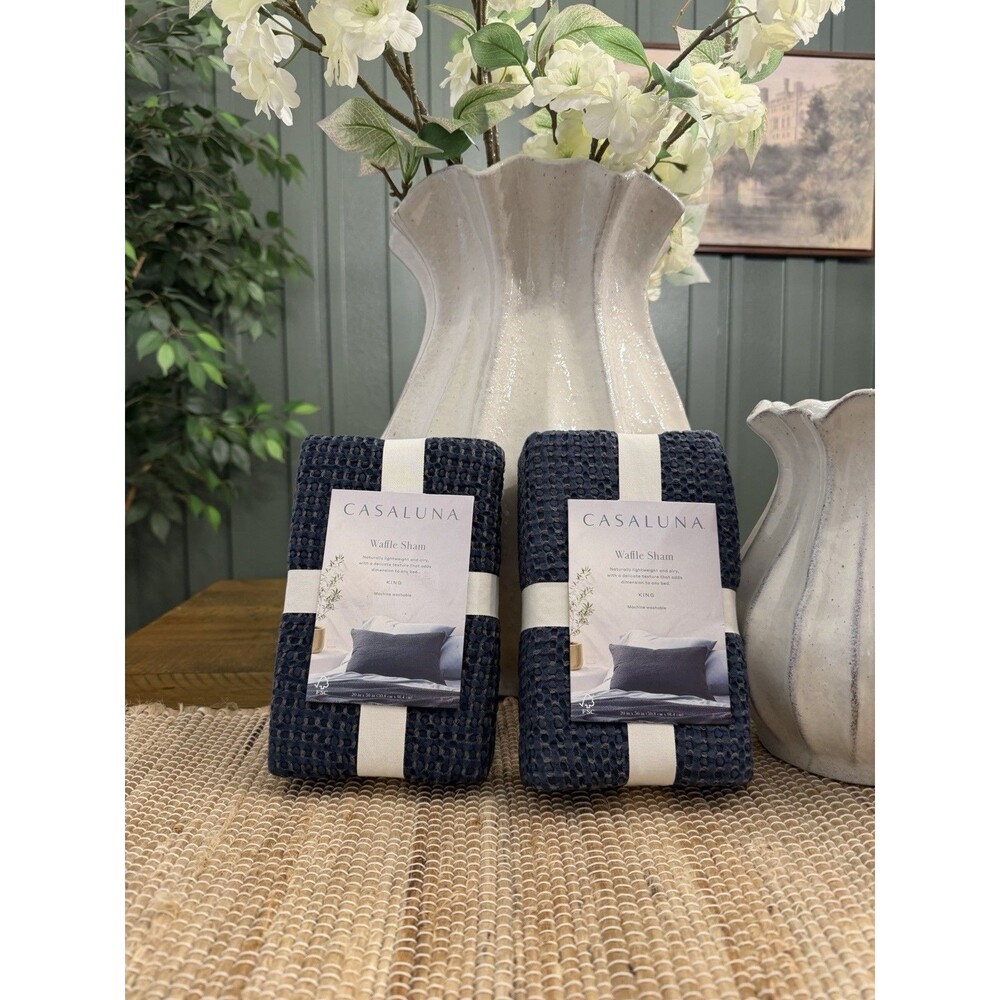 SET OF TWO King Textured Waffle Pillow Sham Dark Mineral Blue - Casaluna NEW